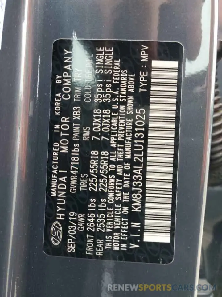 13 fotografías del automóvil dañado KM8J33AL2LU131025 HYUNDAI TUCSON 2020