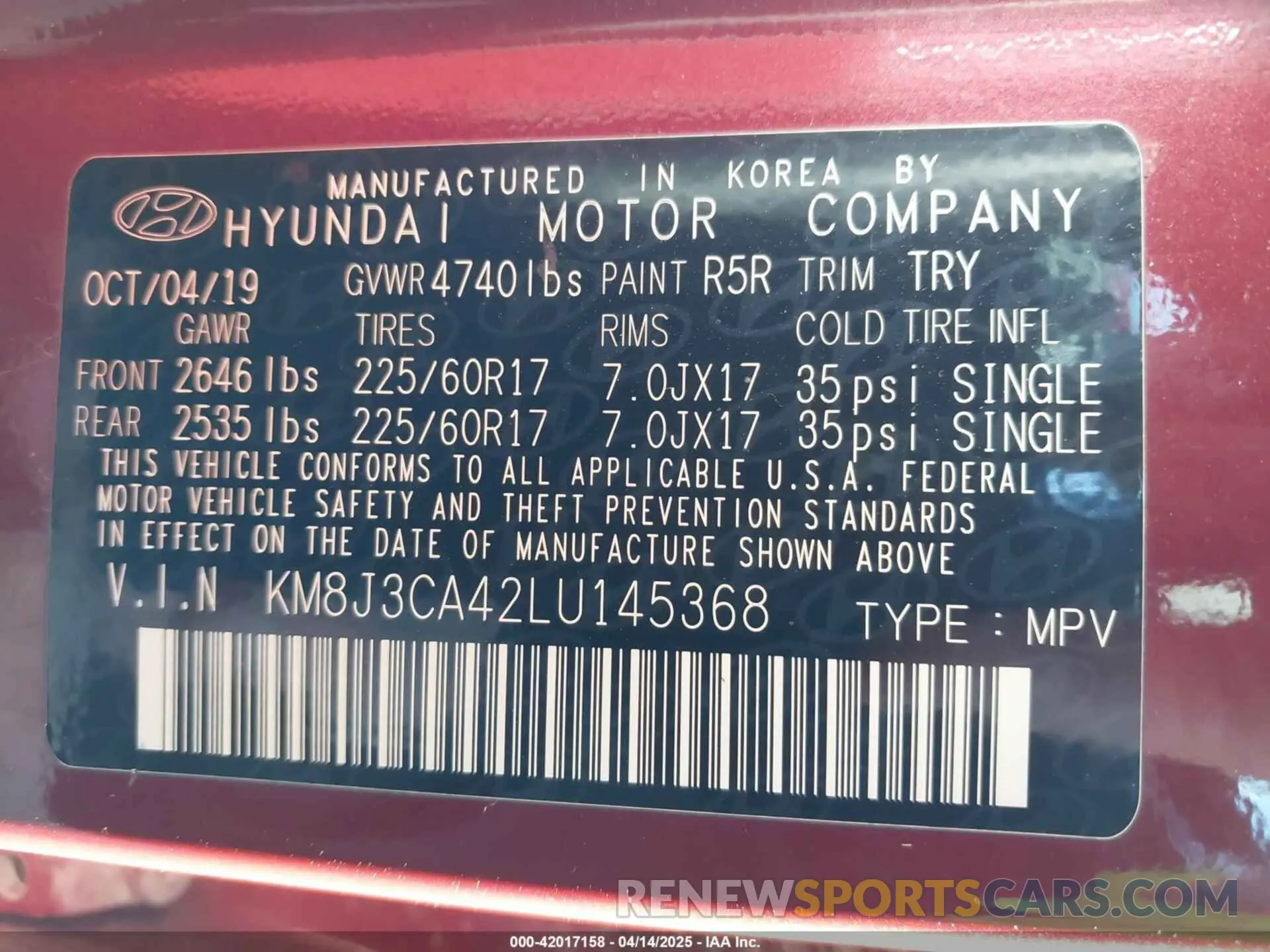 9 fotografías del automóvil dañado KM8J3CA42LU145368 HYUNDAI TUCSON 2020