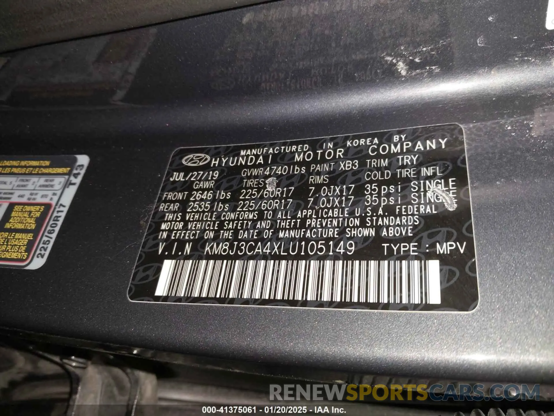 9 fotografías del automóvil dañado KM8J3CA4XLU105149 HYUNDAI TUCSON 2020