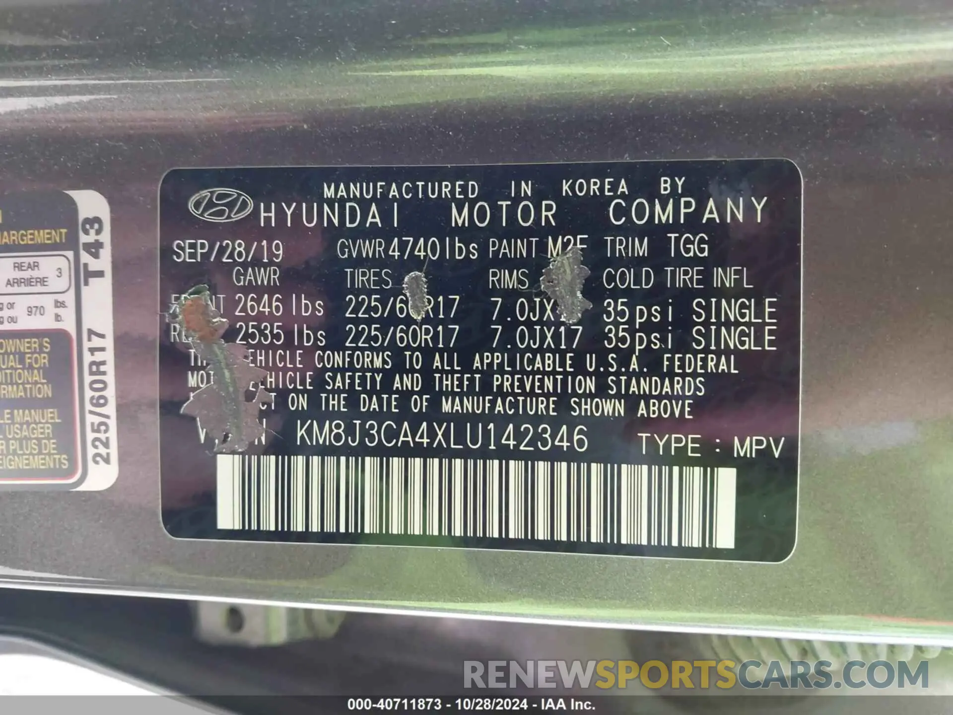 9 fotografías del automóvil dañado KM8J3CA4XLU142346 HYUNDAI TUCSON 2020