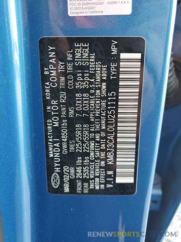 16 fotografías del automóvil dañado KM8J3CAL0LU251115 HYUNDAI TUCSON 2020