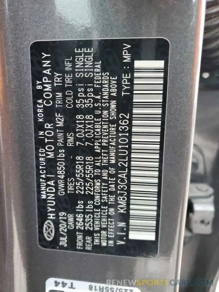 13 fotografías del automóvil dañado KM8J3CAL2LU101362 HYUNDAI TUCSON 2020