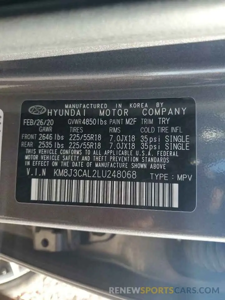 14 fotografías del automóvil dañado KM8J3CAL2LU248068 HYUNDAI TUCSON 2020