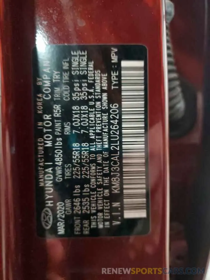 14 fotografías del automóvil dañado KM8J3CAL2LU264206 HYUNDAI TUCSON 2020