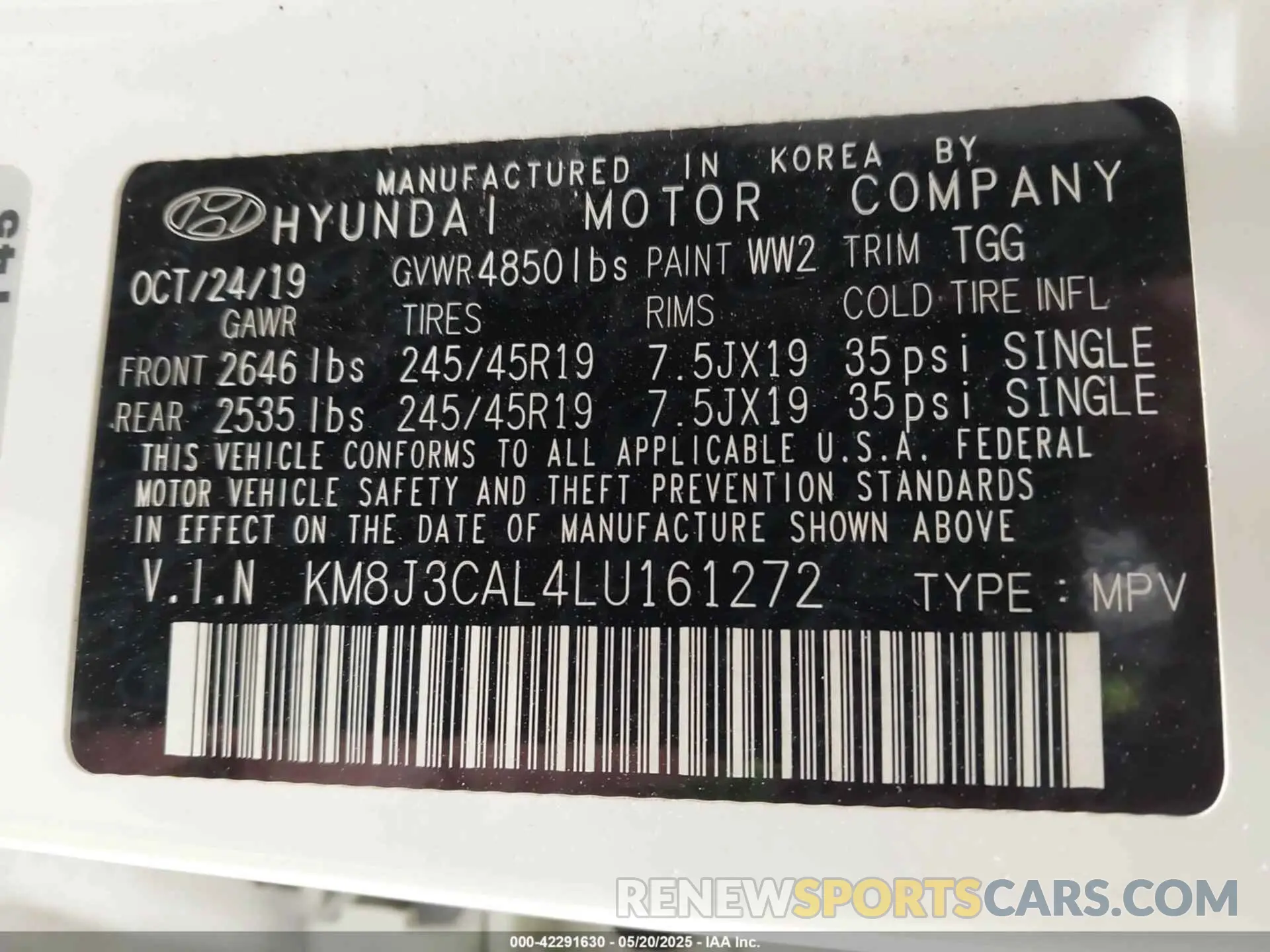 9 fotografías del automóvil dañado KM8J3CAL4LU161272 HYUNDAI TUCSON 2020