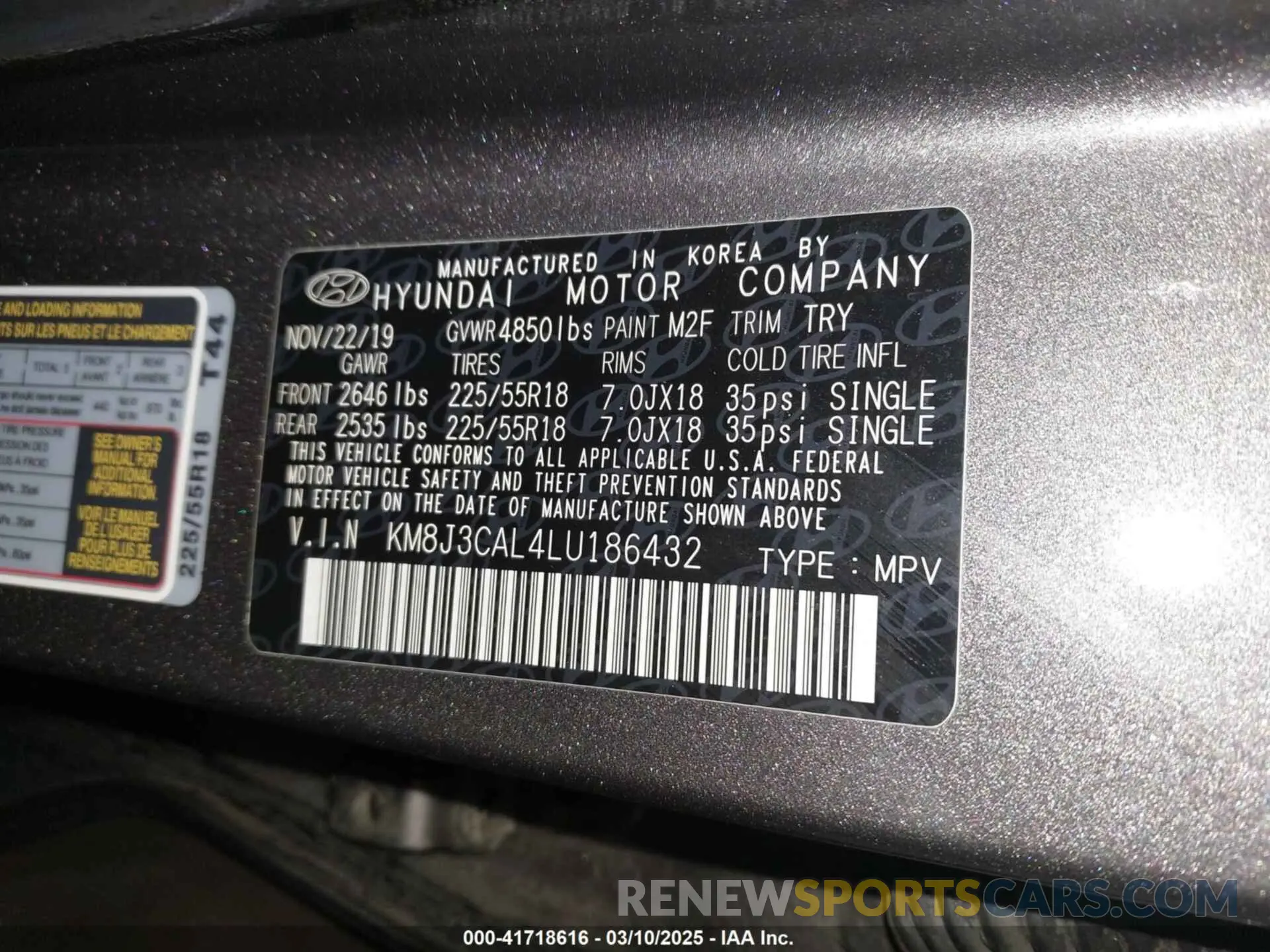 9 fotografías del automóvil dañado KM8J3CAL4LU186432 HYUNDAI TUCSON 2020