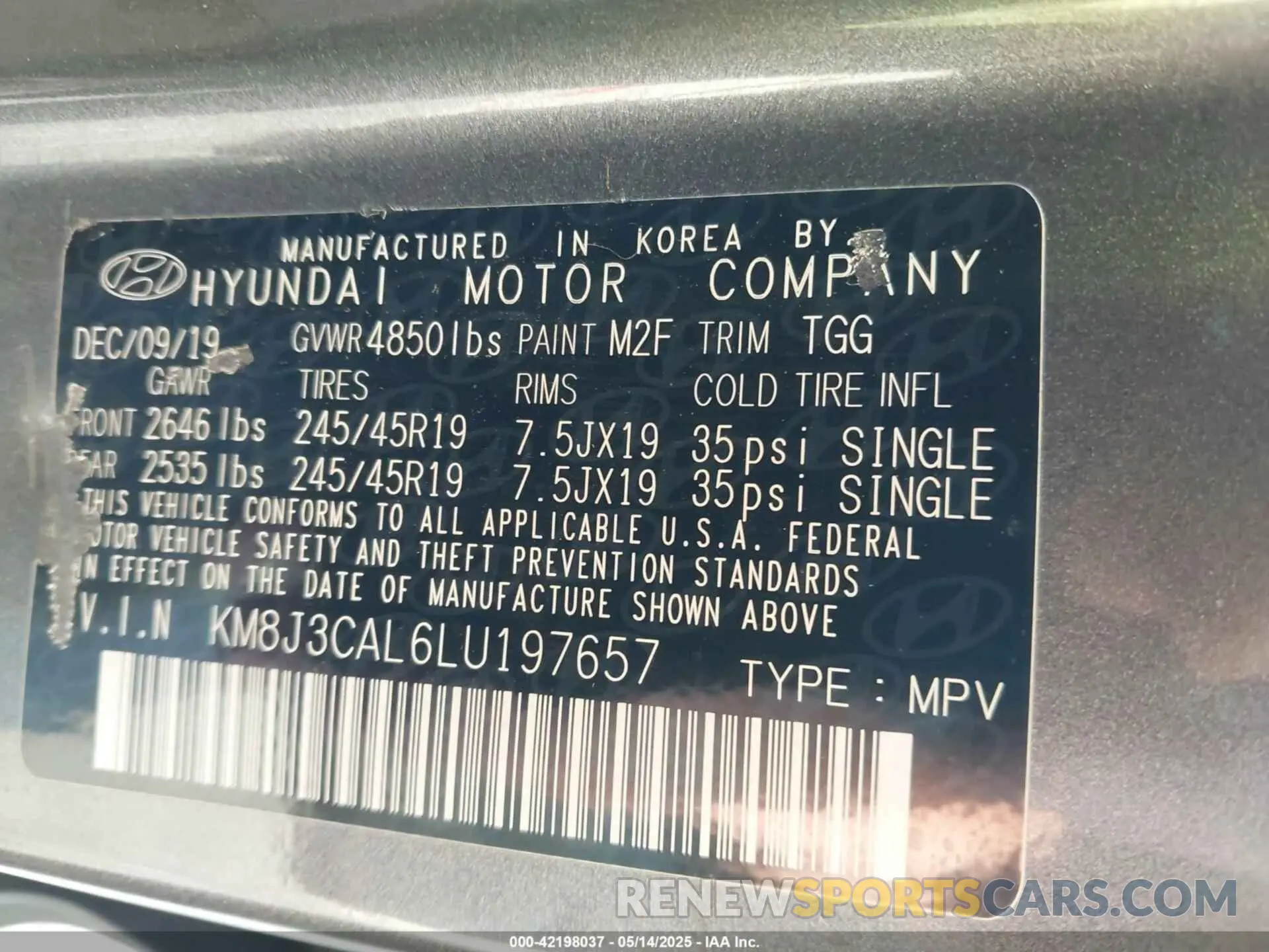 9 fotografías del automóvil dañado KM8J3CAL6LU197657 HYUNDAI TUCSON 2020