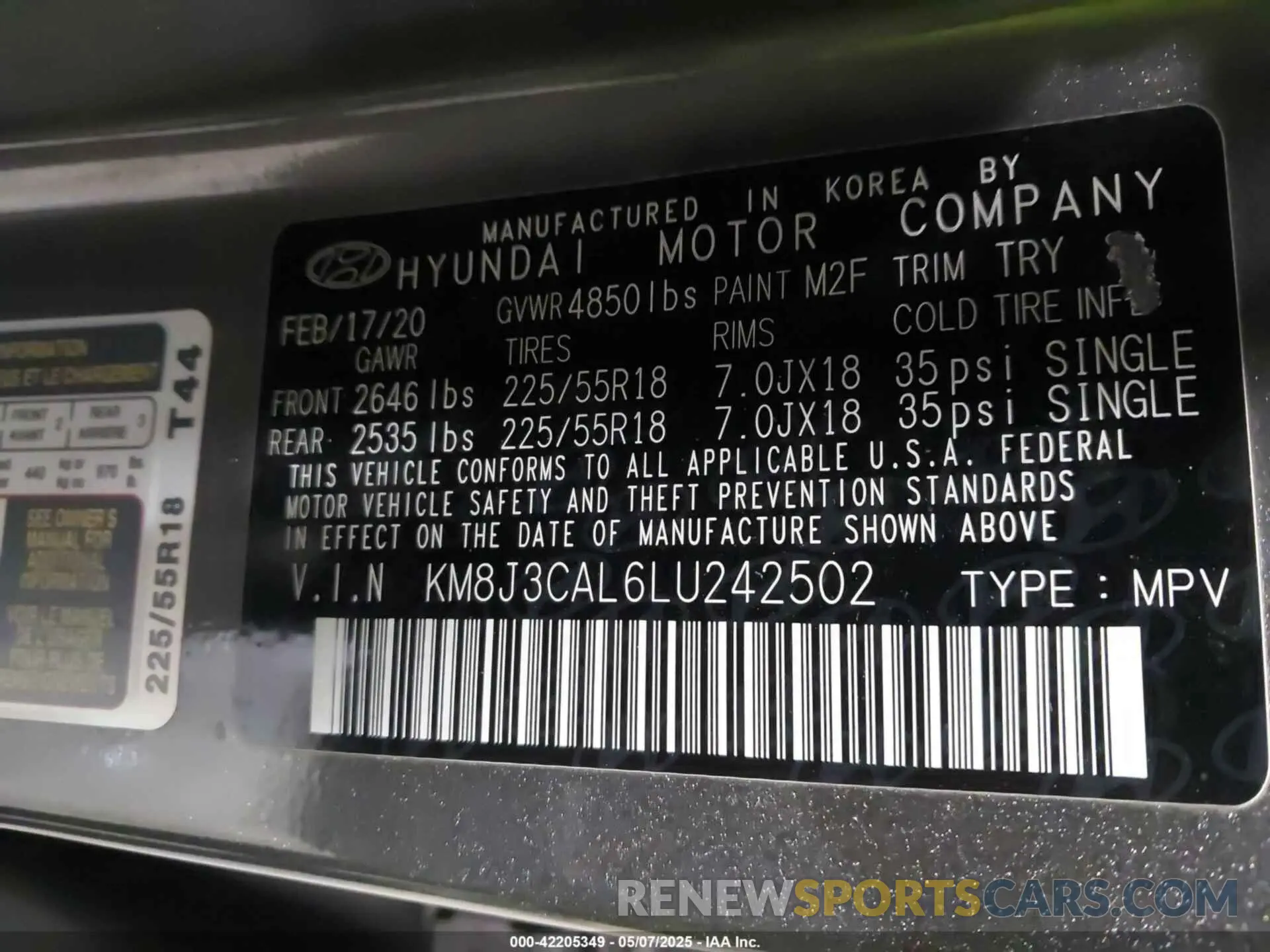 9 fotografías del automóvil dañado KM8J3CAL6LU242502 HYUNDAI TUCSON 2020