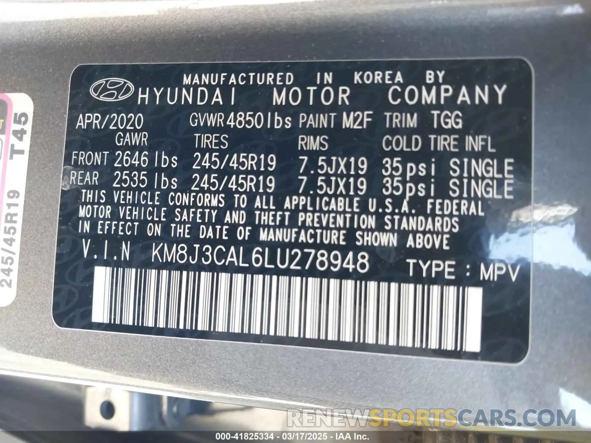 9 fotografías del automóvil dañado KM8J3CAL6LU278948 HYUNDAI TUCSON 2020