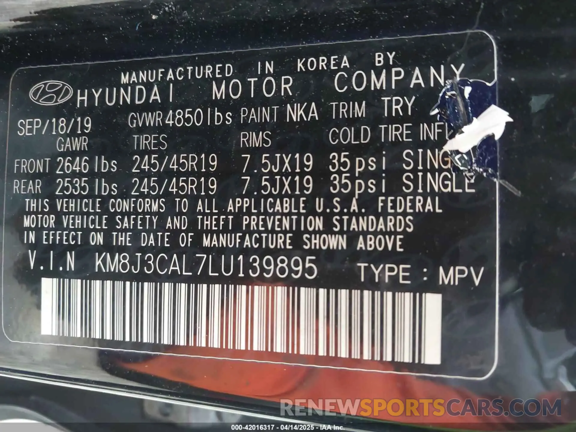 9 fotografías del automóvil dañado KM8J3CAL7LU139895 HYUNDAI TUCSON 2020