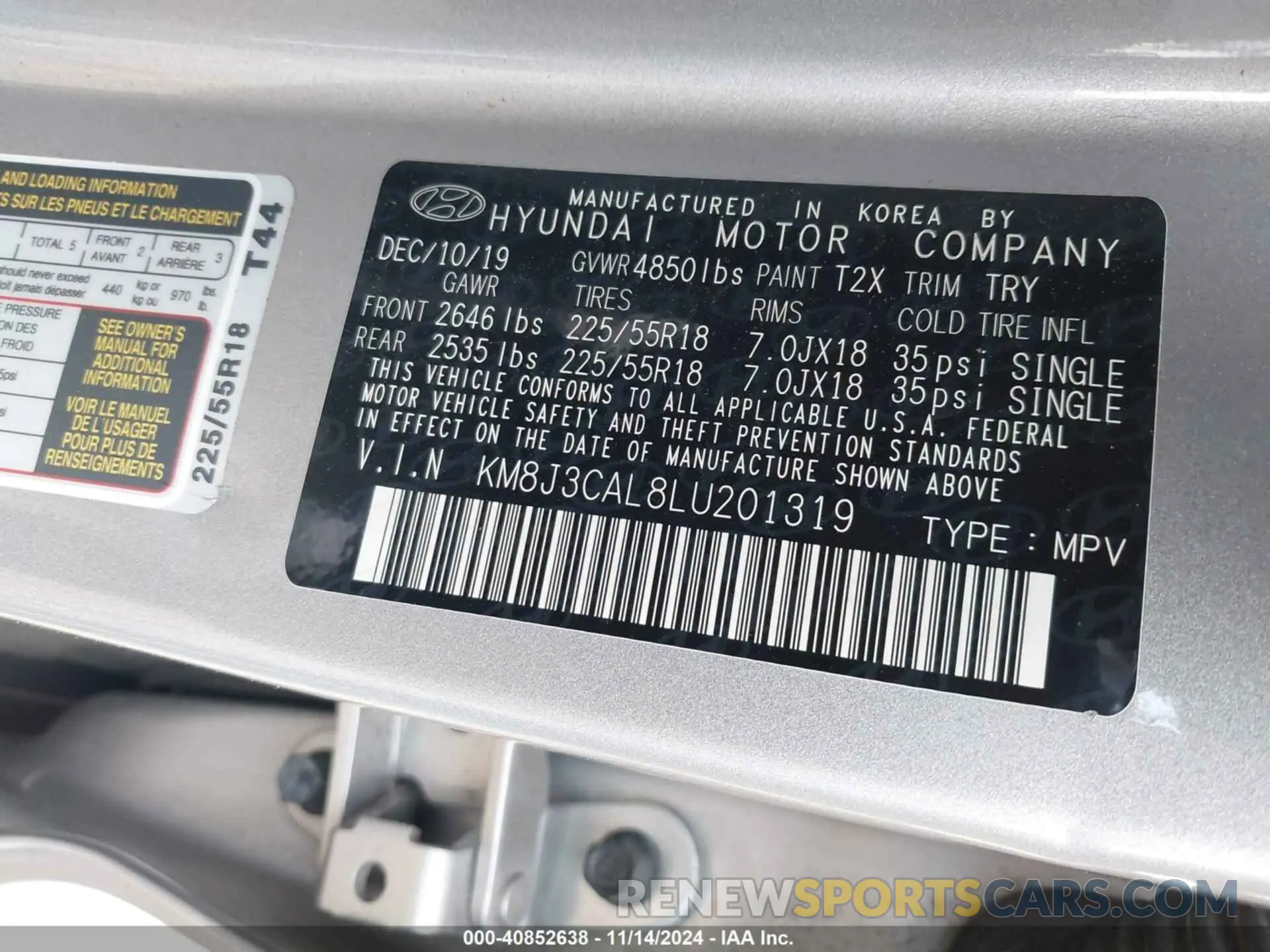 9 fotografías del automóvil dañado KM8J3CAL8LU201319 HYUNDAI TUCSON 2020