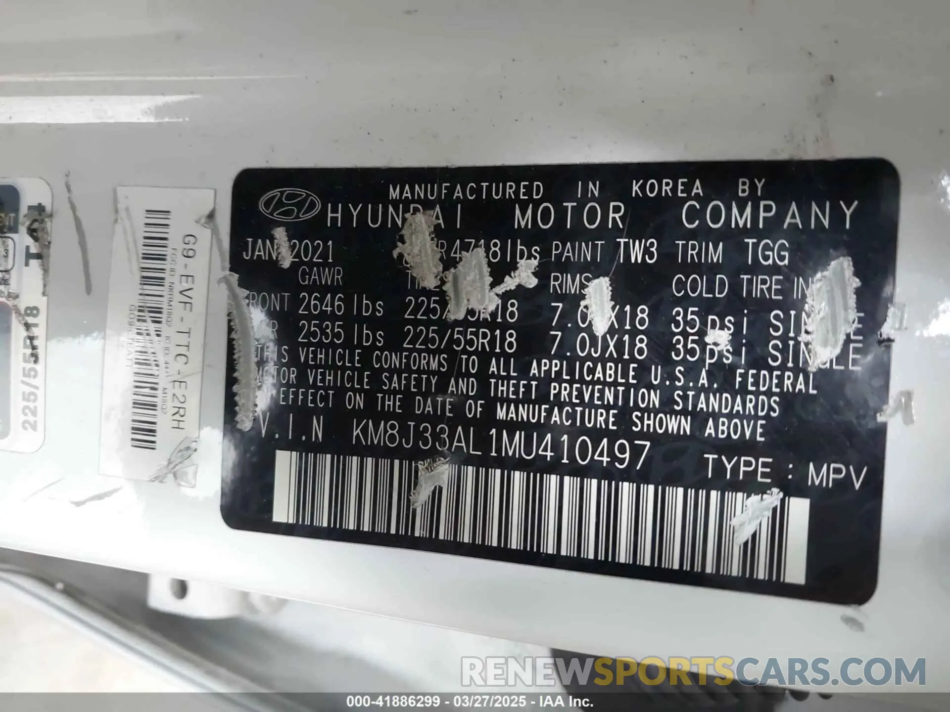 9 fotografías del automóvil dañado KM8J33AL1MU410497 HYUNDAI TUCSON 2021