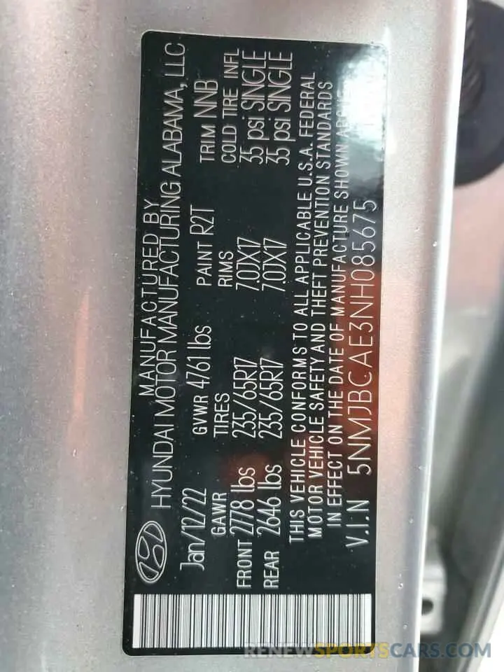 12 fotografías del automóvil dañado 5NMJBCAE3NH085675 HYUNDAI TUCSON 2022