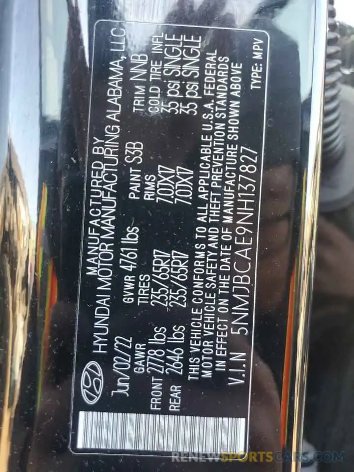 12 fotografías del automóvil dañado 5NMJBCAE9NH137827 HYUNDAI TUCSON 2022