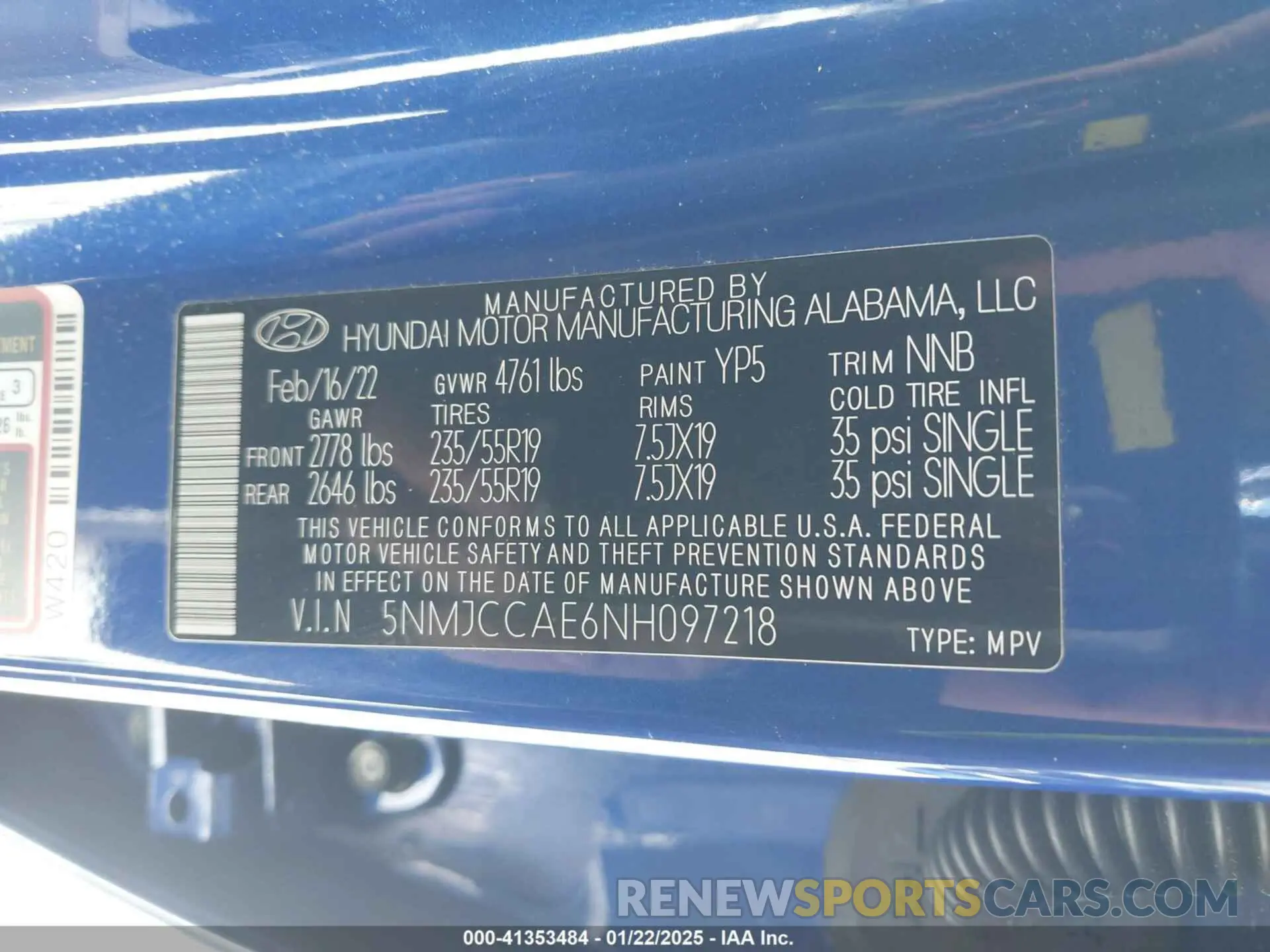 9 fotografías del automóvil dañado 5NMJCCAE6NH097218 HYUNDAI TUCSON 2022