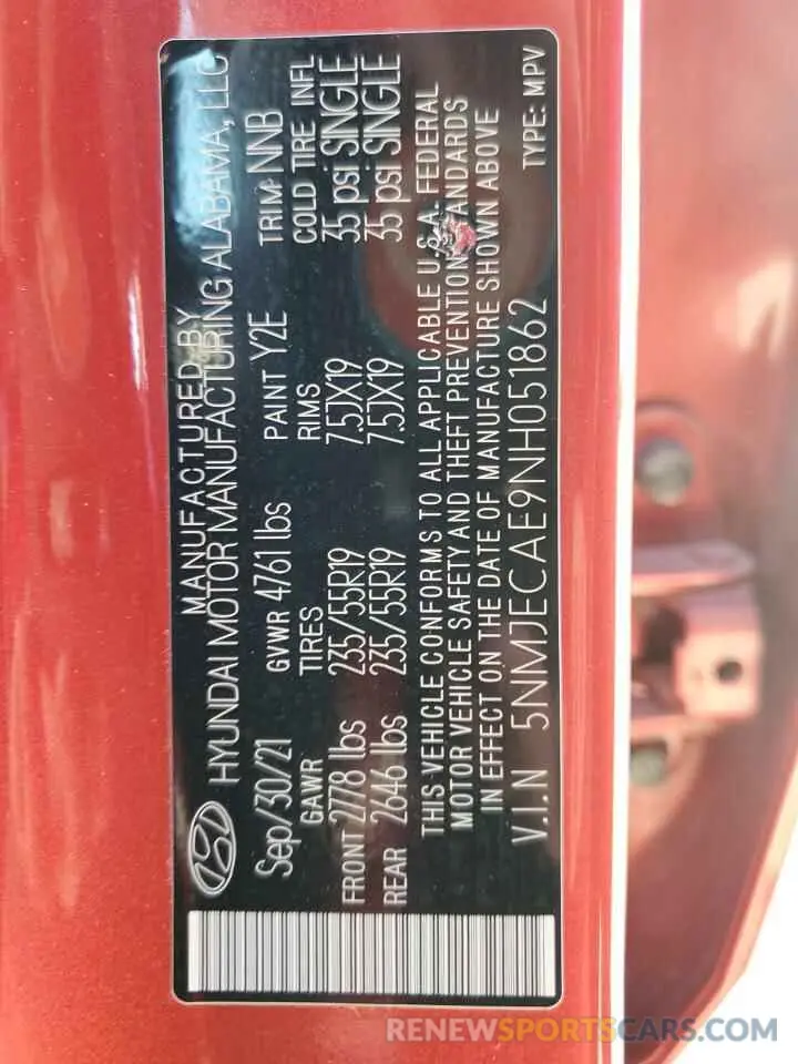 13 fotografías del automóvil dañado 5NMJECAE9NH051862 HYUNDAI TUCSON 2022