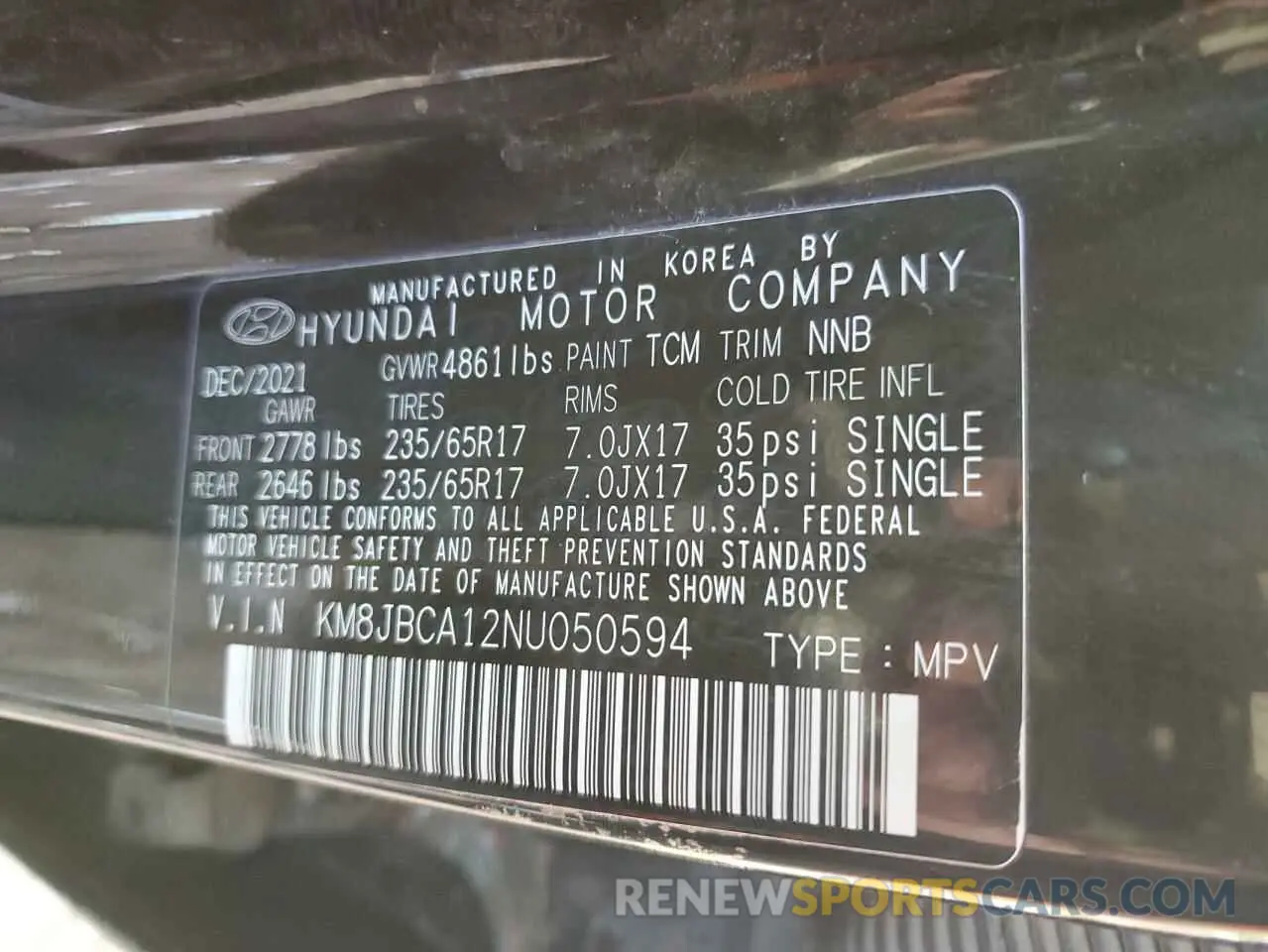 13 fotografías del automóvil dañado KM8JBCA12NU050594 HYUNDAI TUCSON 2022
