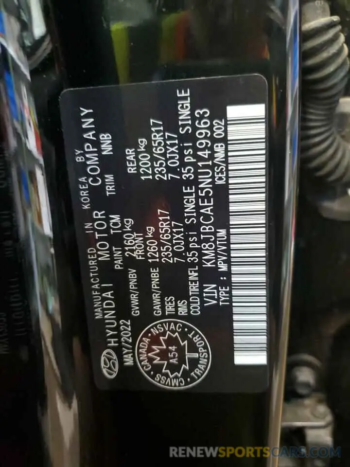 13 fotografías del automóvil dañado KM8JBCAE5NU149963 HYUNDAI TUCSON 2022