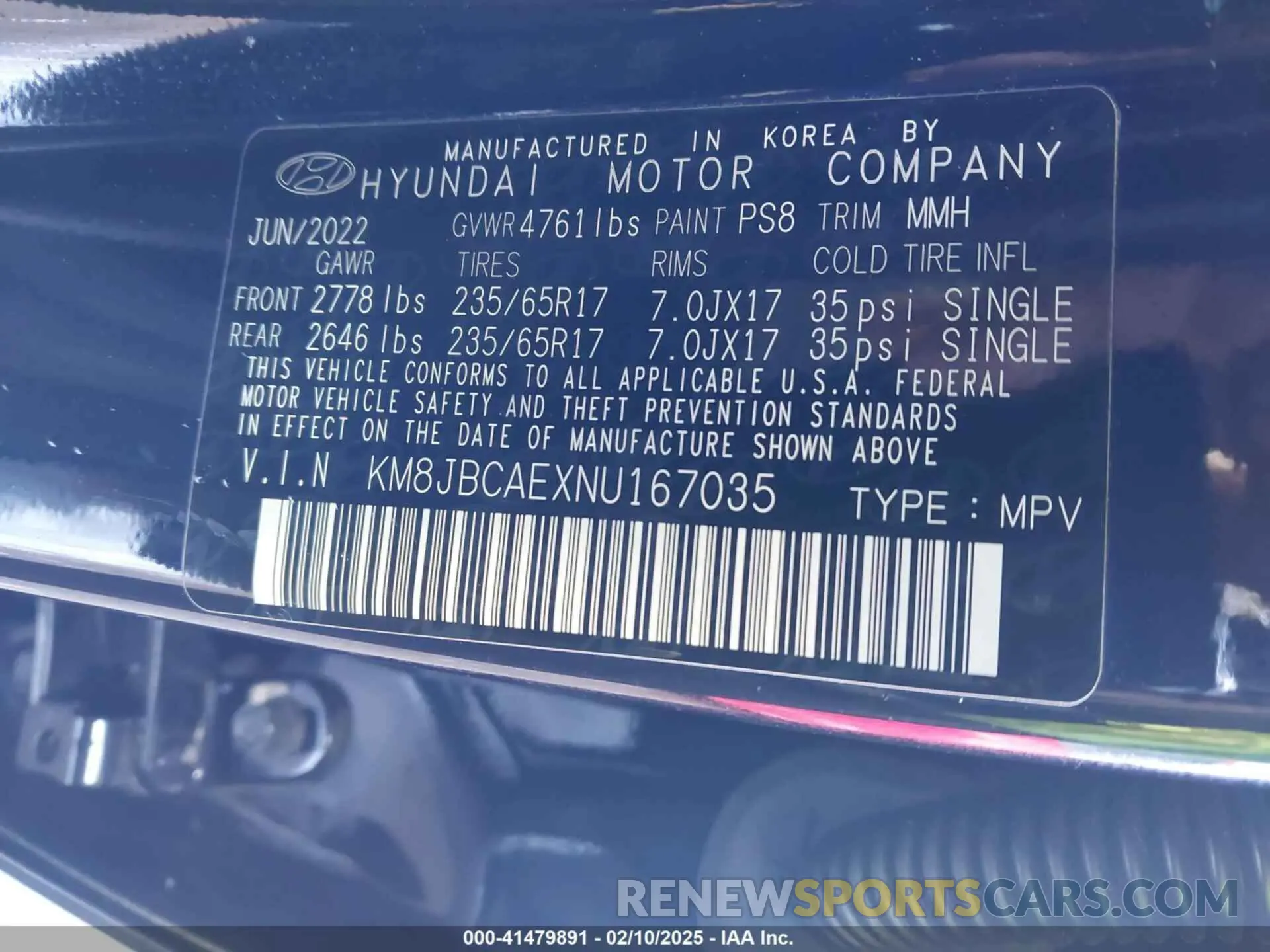 9 fotografías del automóvil dañado KM8JBCAEXNU167035 HYUNDAI TUCSON 2022