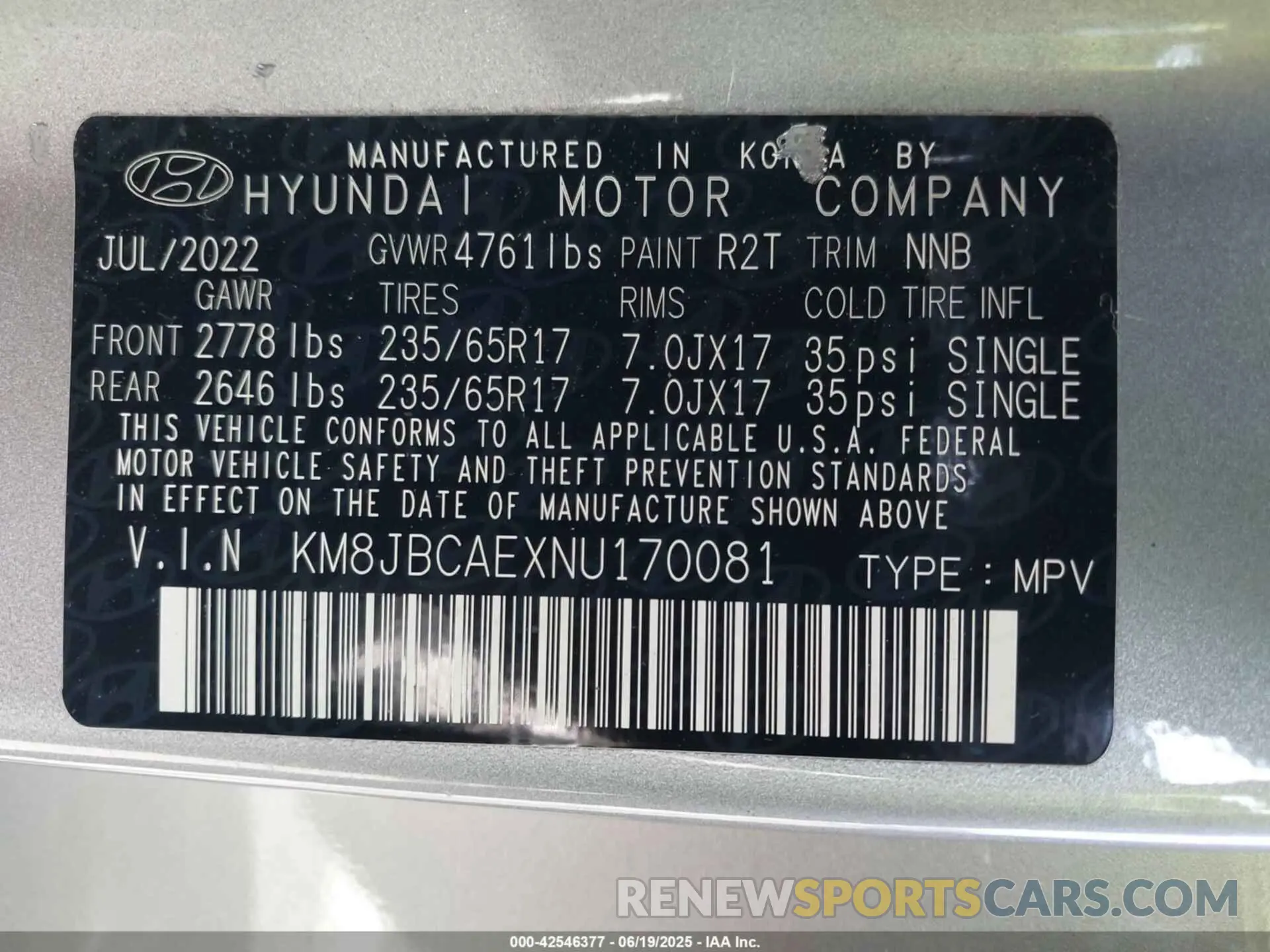 9 fotografías del automóvil dañado KM8JBCAEXNU170081 HYUNDAI TUCSON 2022