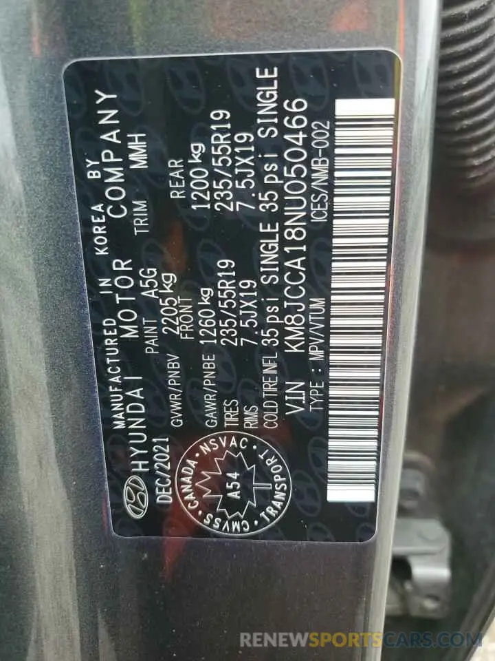 13 fotografías del automóvil dañado KM8JCCA18NU050466 HYUNDAI TUCSON 2022