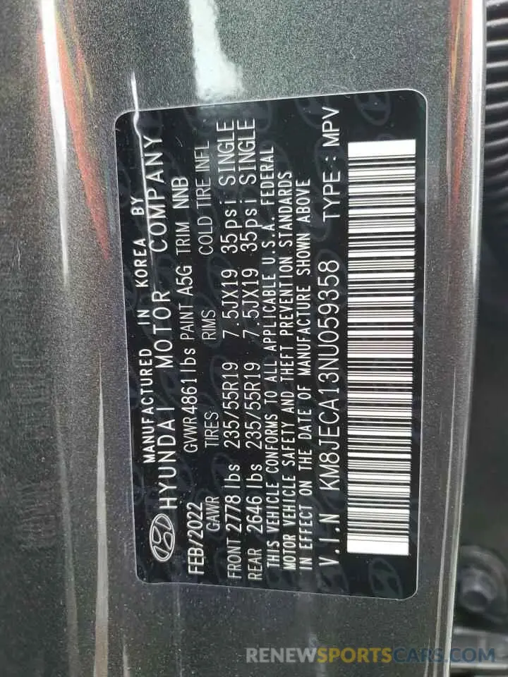 14 fotografías del automóvil dañado KM8JECA13NU059358 HYUNDAI TUCSON 2022