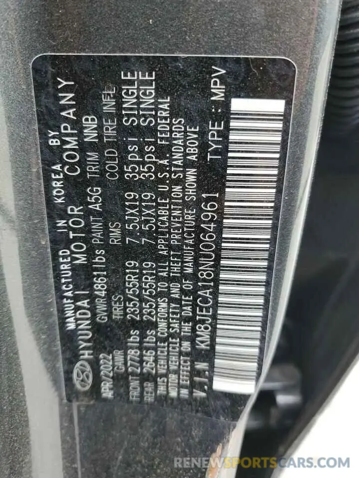 13 fotografías del automóvil dañado KM8JECA18NU064961 HYUNDAI TUCSON 2022