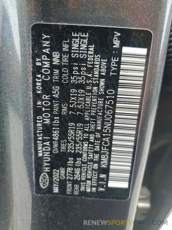 14 fotografías del automóvil dañado KM8JFCA15NU067510 HYUNDAI TUCSON 2022