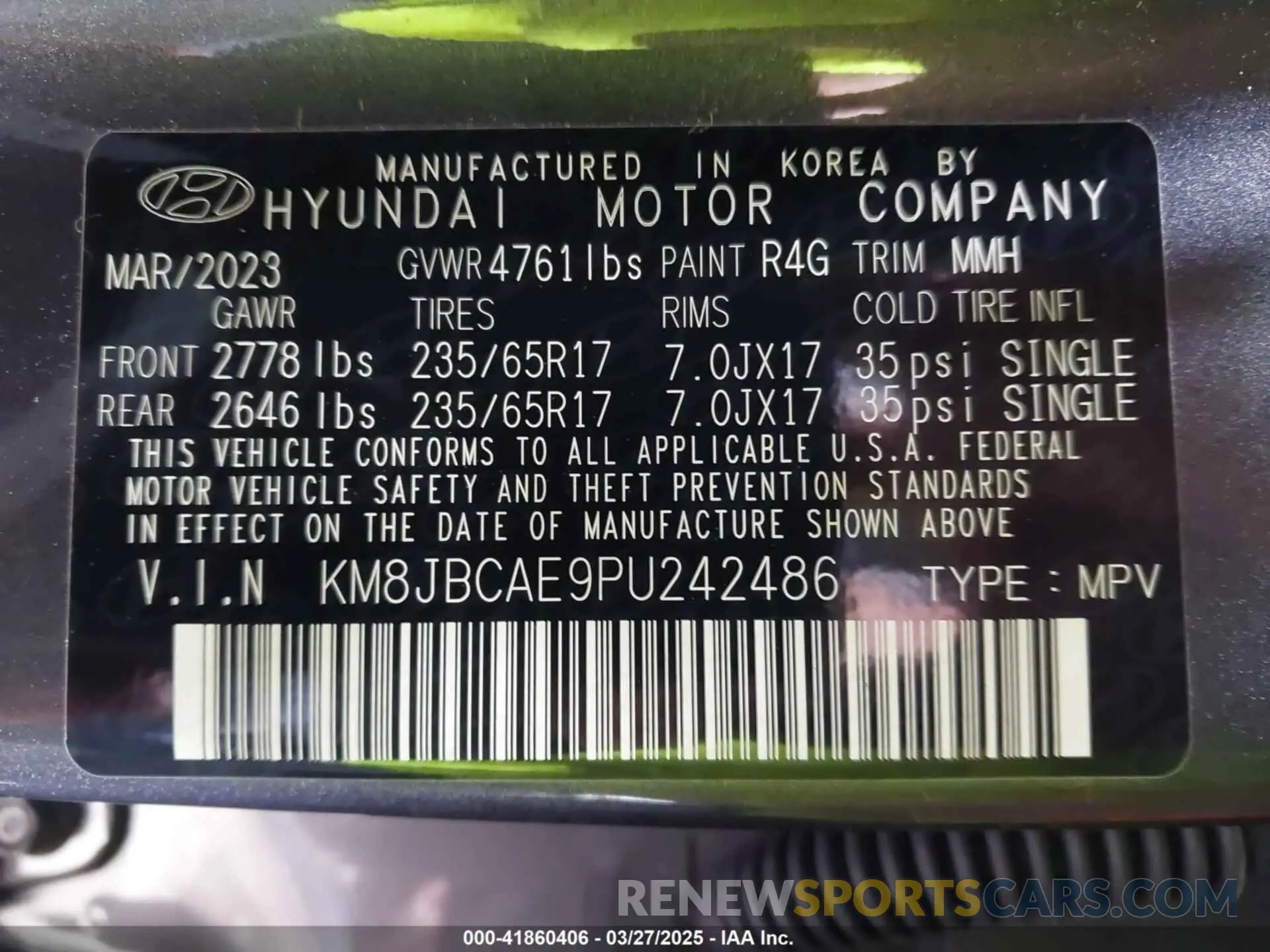 9 fotografías del automóvil dañado KM8JBCAE9PU242486 HYUNDAI TUCSON 2023