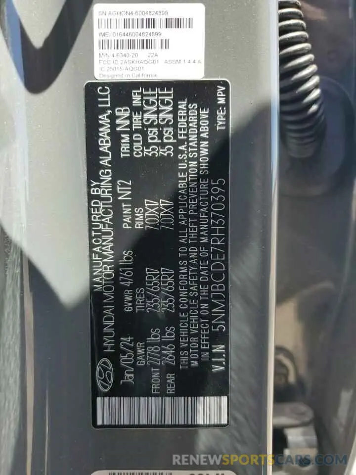 14 fotografías del automóvil dañado 5NMJBCDE7RH370395 HYUNDAI TUCSON 2024