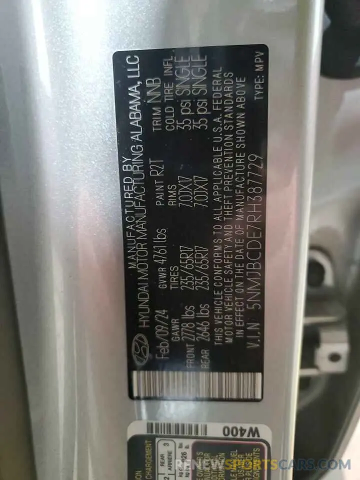 14 fotografías del automóvil dañado 5NMJBCDE7RH387729 HYUNDAI TUCSON 2024