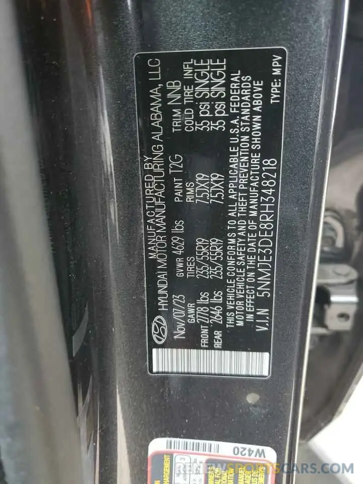 14 fotografías del automóvil dañado 5NMJE3DE8RH348218 HYUNDAI TUCSON 2024