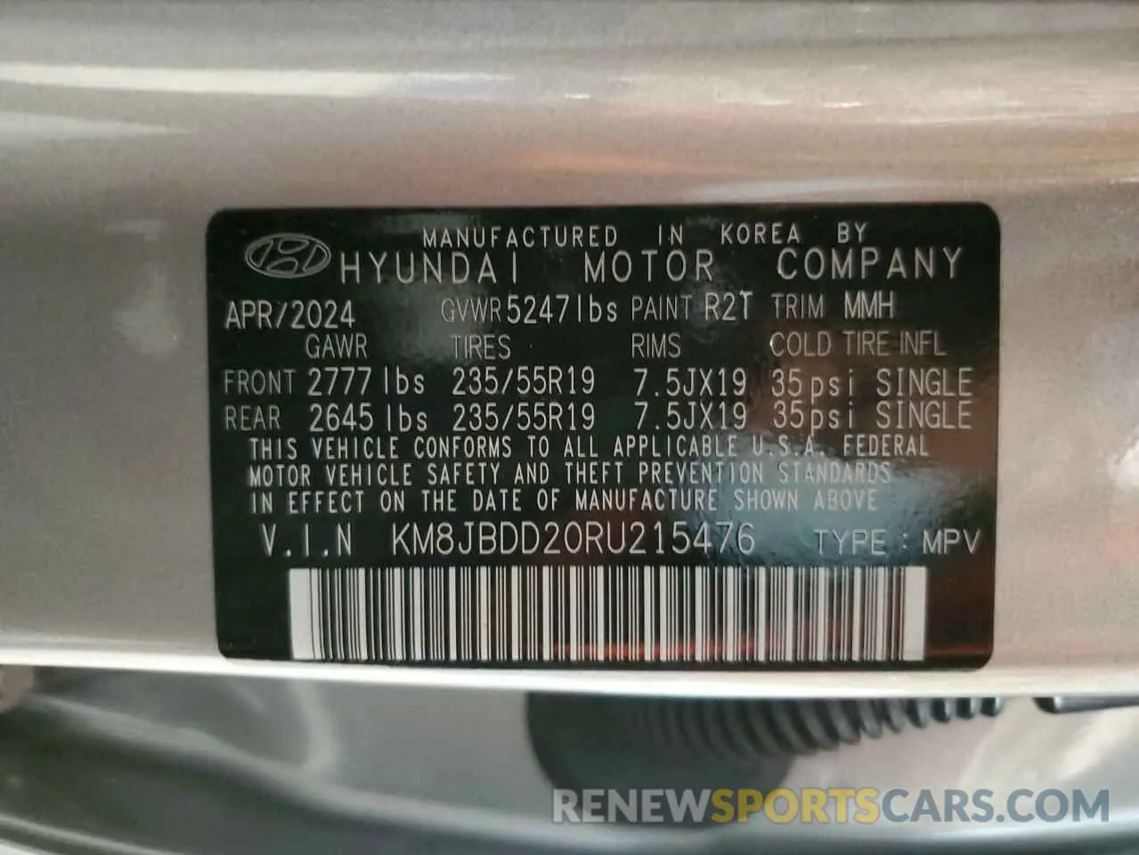 12 fotografías del automóvil dañado KM8JBDD20RU215476 HYUNDAI TUCSON 2024