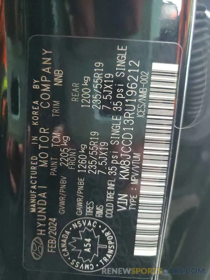 12 fotografías del automóvil dañado KM8JCCD13RU196212 HYUNDAI TUCSON 2024
