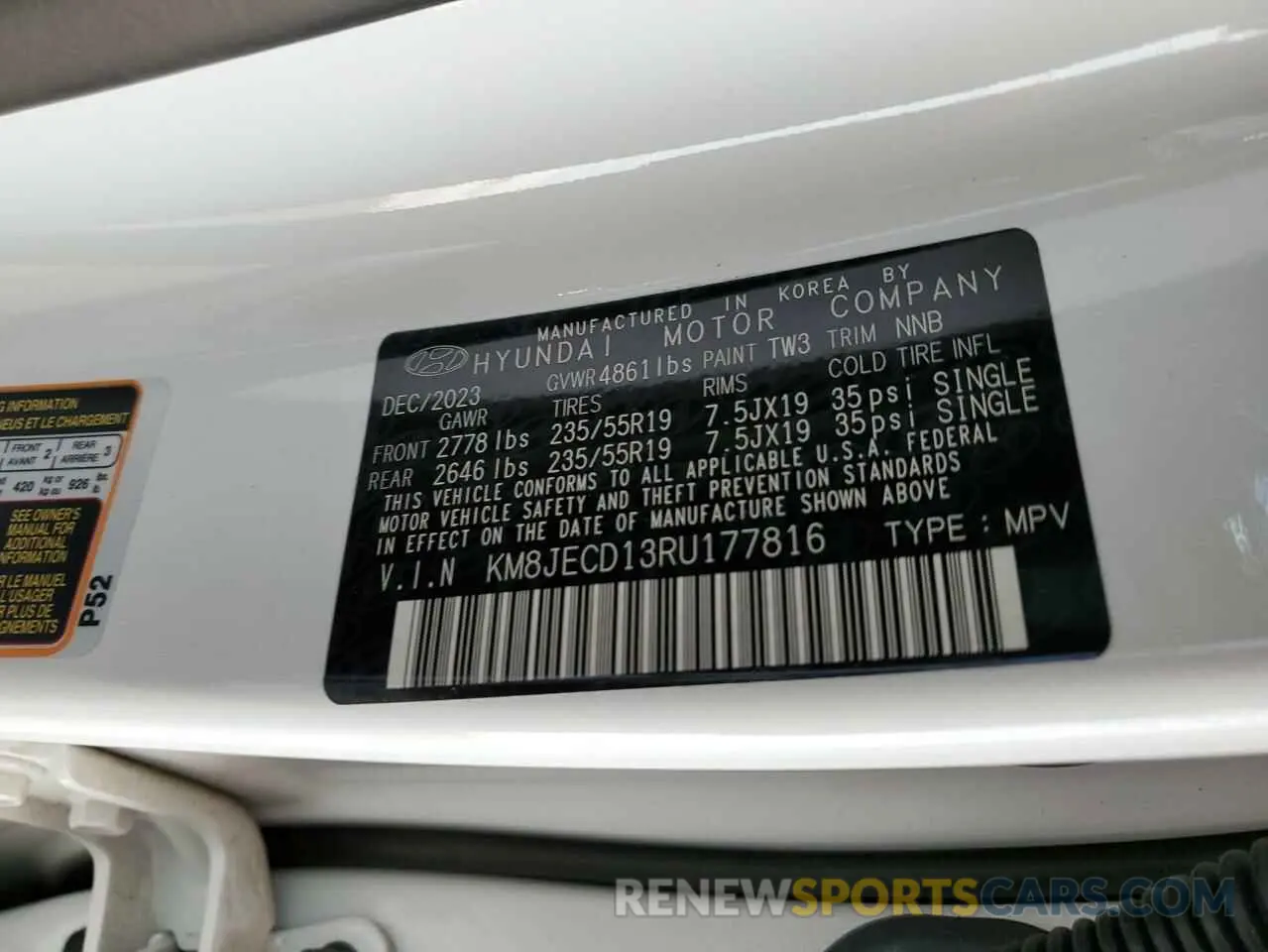 13 fotografías del automóvil dañado KM8JECD13RU177816 HYUNDAI TUCSON 2024