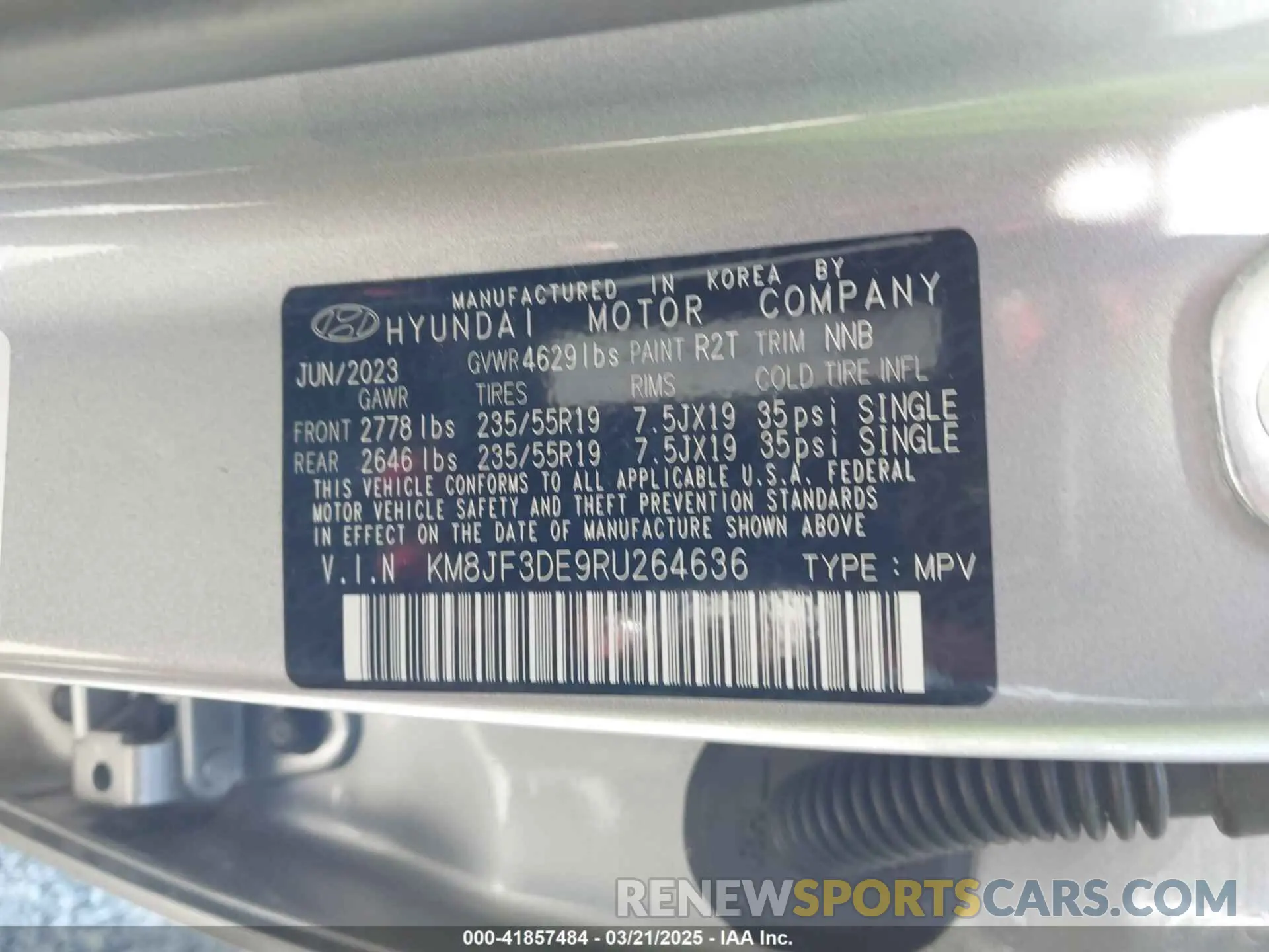 9 fotografías del automóvil dañado KM8JF3DE9RU264636 HYUNDAI TUCSON 2024