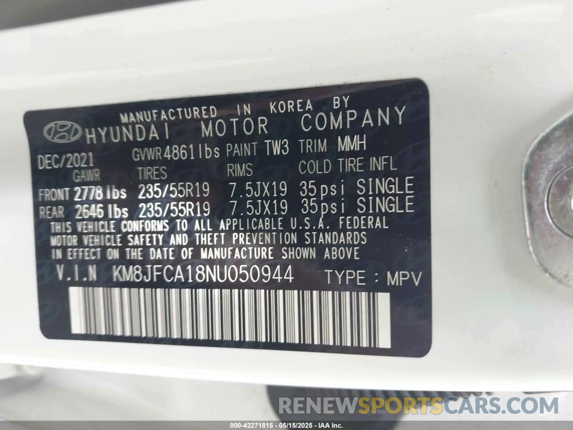 9 fotografías del automóvil dañado KM8JFCA18NU050944 HYUNDAI TUCSON HYBRID 2022