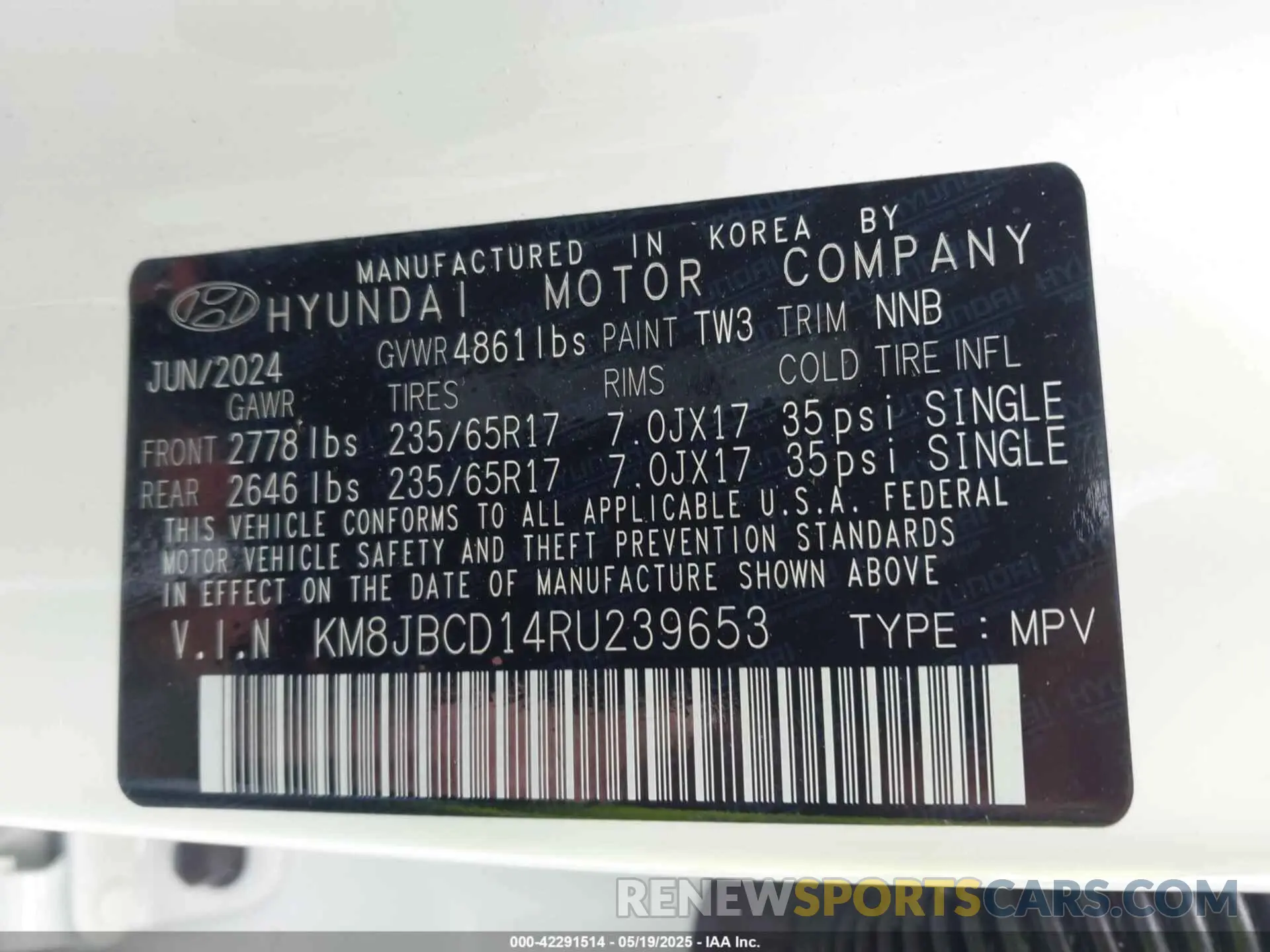 9 fotografías del automóvil dañado KM8JBCD14RU239653 HYUNDAI TUCSON HYBRID 2024