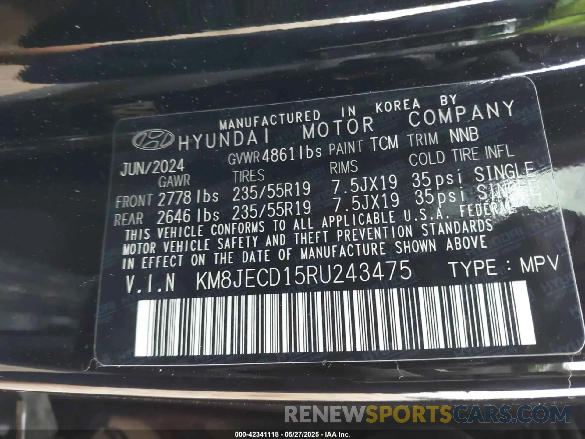 9 fotografías del automóvil dañado KM8JECD15RU243475 HYUNDAI TUCSON HYBRID 2024
