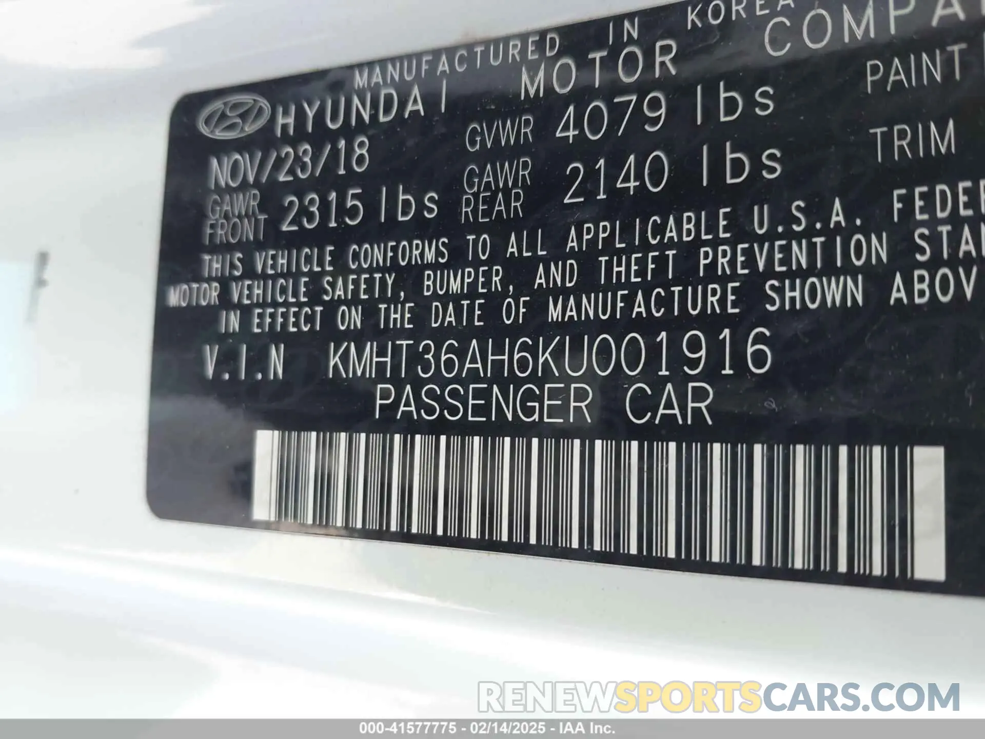 9 fotografías del automóvil dañado KMHT36AH6KU001916 HYUNDAI VELOSTER 2019
