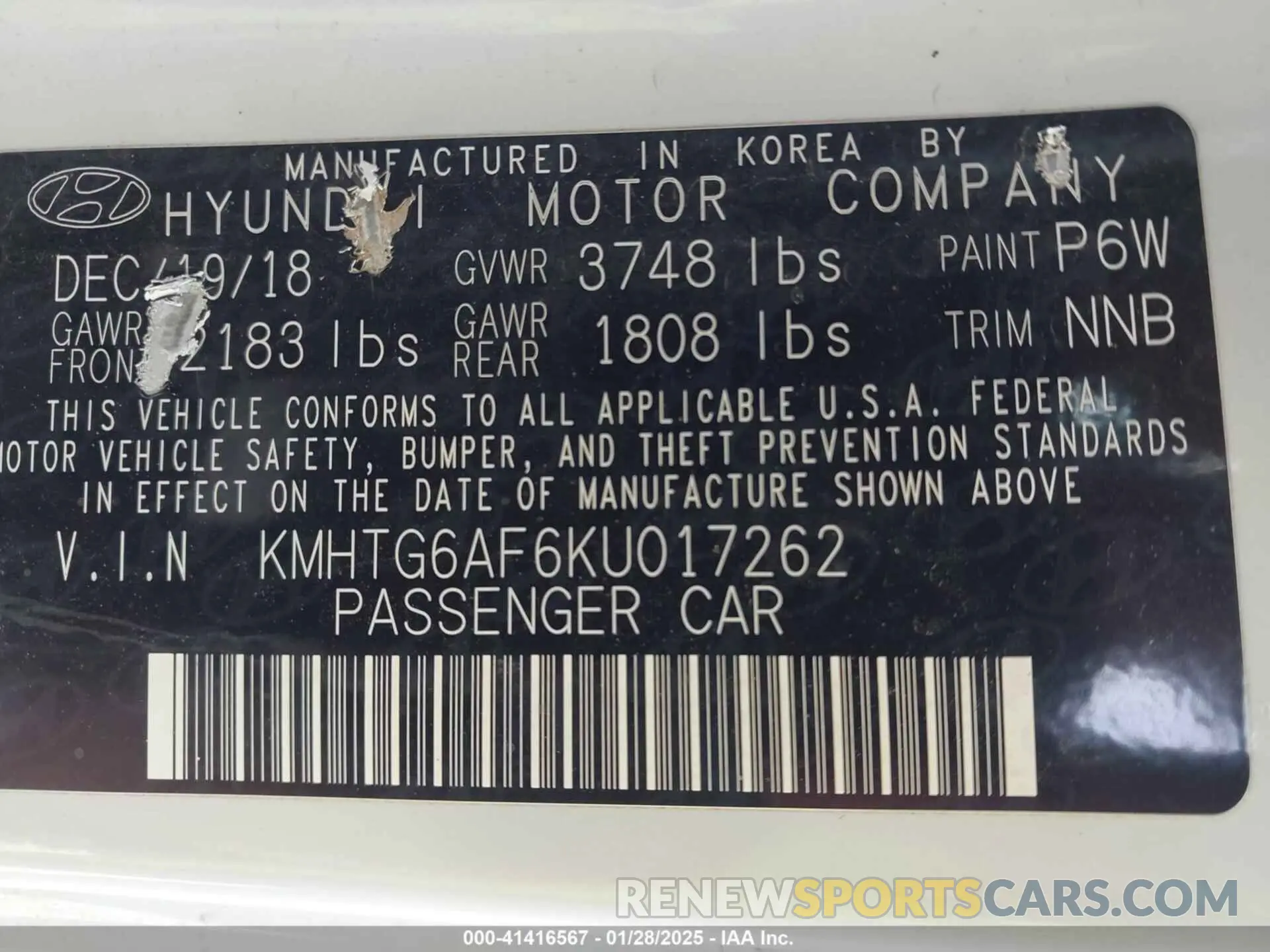 9 fotografías del automóvil dañado KMHTG6AF6KU017262 HYUNDAI VELOSTER 2019