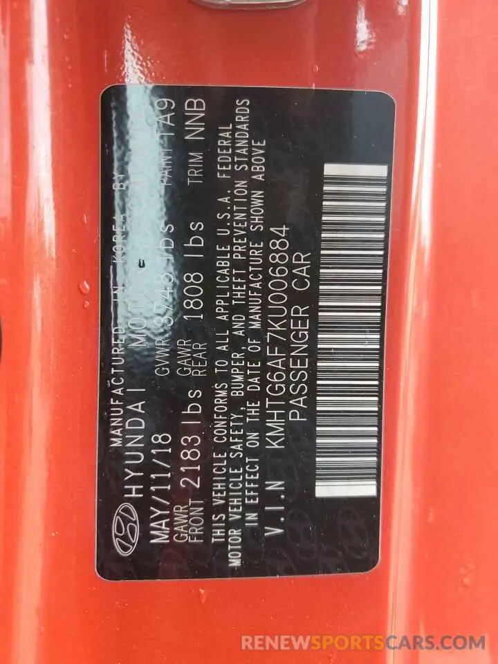 13 fotografías del automóvil dañado KMHTG6AF7KU006884 HYUNDAI VELOSTER 2019