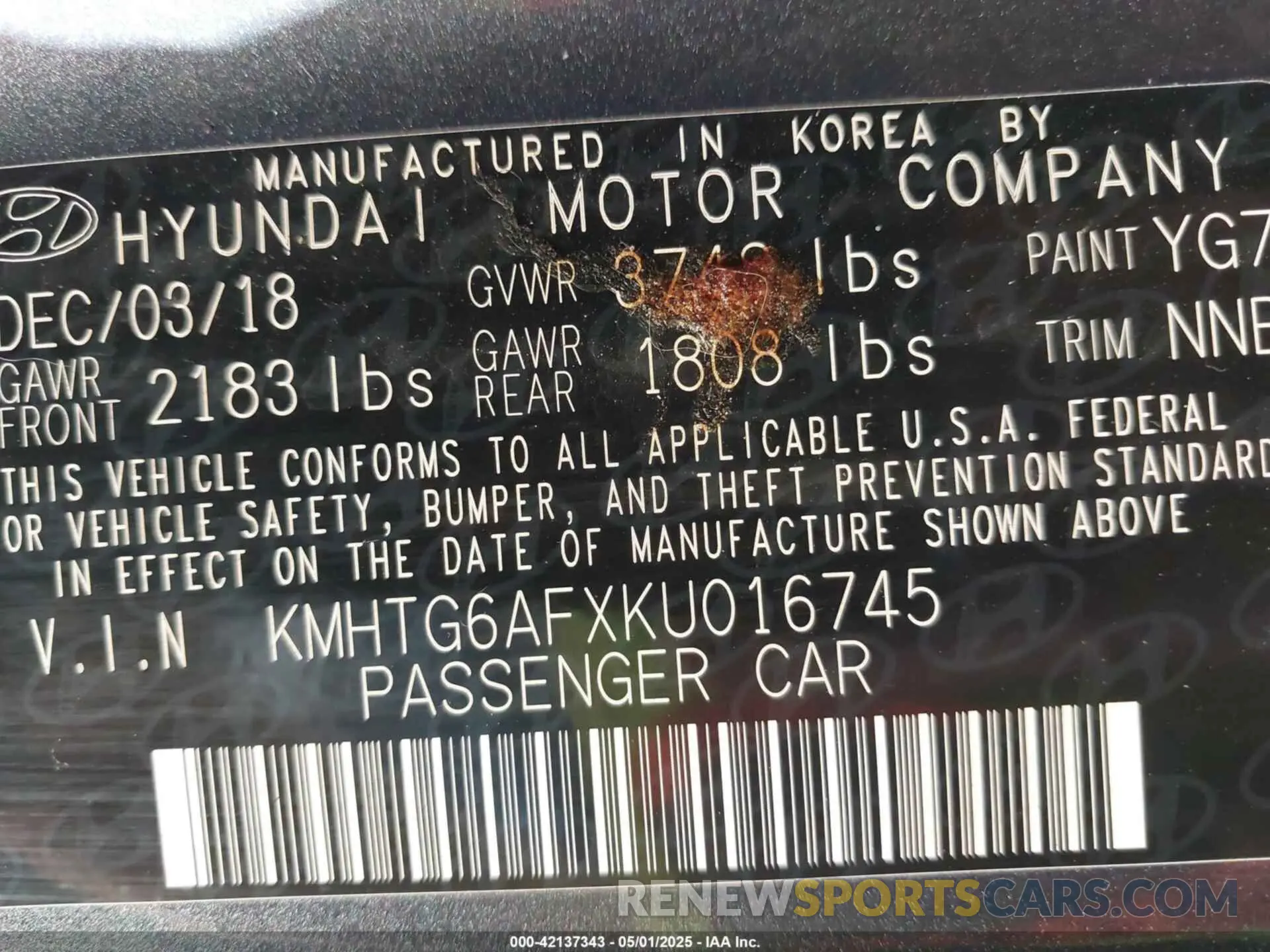 9 fotografías del automóvil dañado KMHTG6AFXKU016745 HYUNDAI VELOSTER 2019