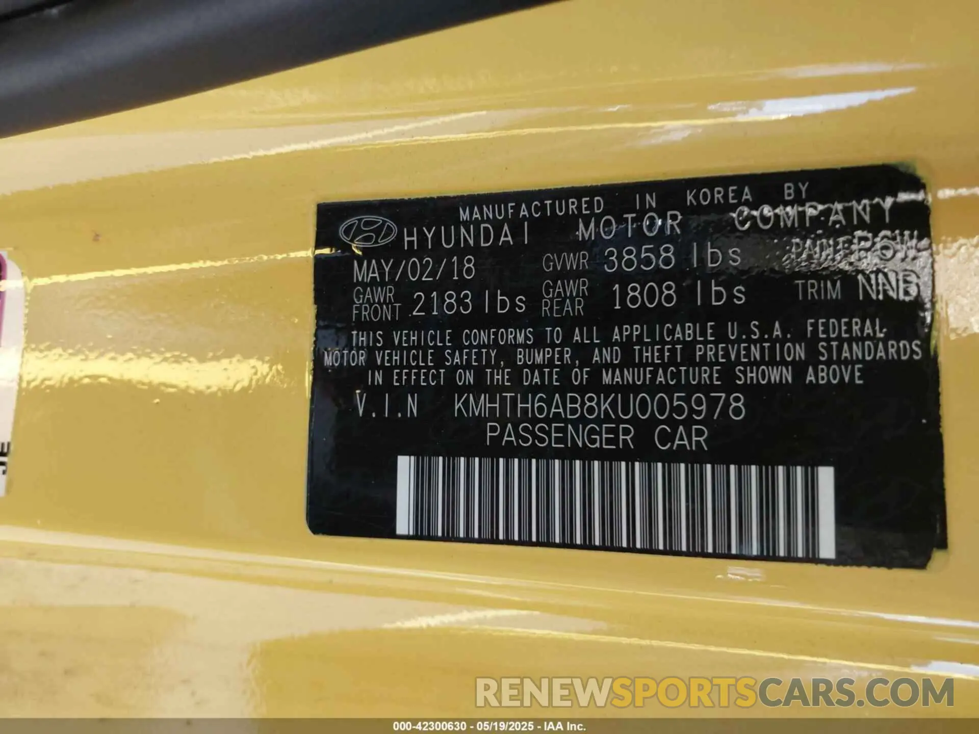 9 fotografías del automóvil dañado KMHTH6AB8KU005978 HYUNDAI VELOSTER 2019
