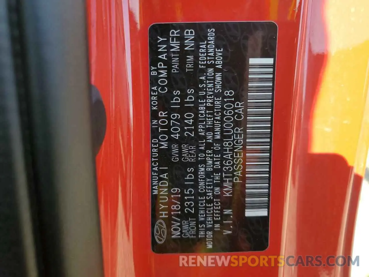 12 fotografías del automóvil dañado KMHT36AH8LU006018 HYUNDAI VELOSTER 2020