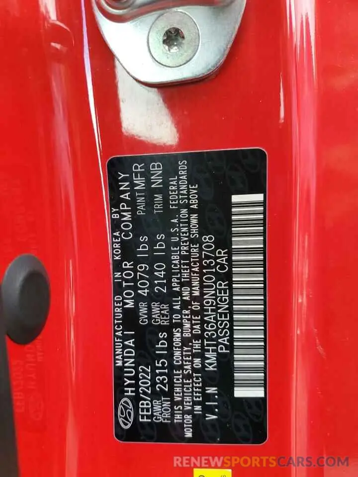 12 fotografías del automóvil dañado KMHT36AH9NU013708 HYUNDAI VELOSTER 2022