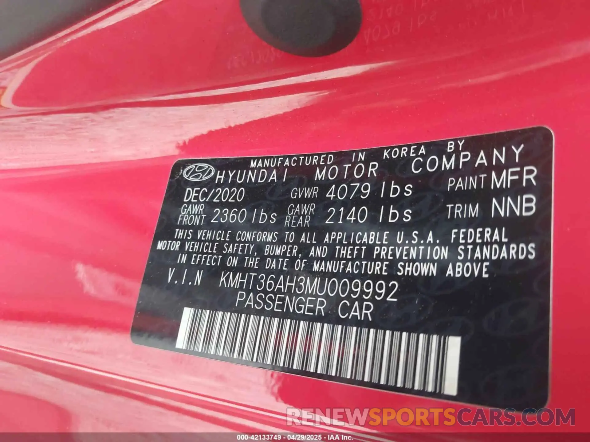 9 fotografías del automóvil dañado KMHT36AH3MU009992 HYUNDAI VELOSTER N 2021