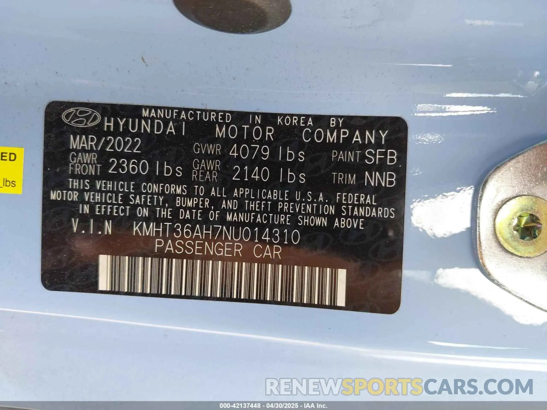 9 fotografías del automóvil dañado KMHT36AH7NU014310 HYUNDAI VELOSTER N 2022
