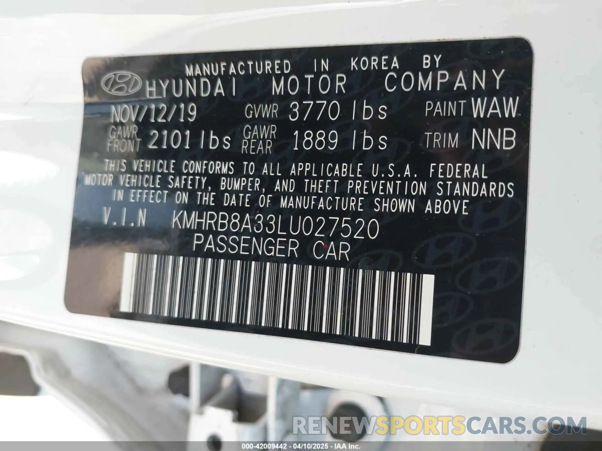 9 fotografías del automóvil dañado KMHRB8A33LU027520 HYUNDAI VENUE 2020