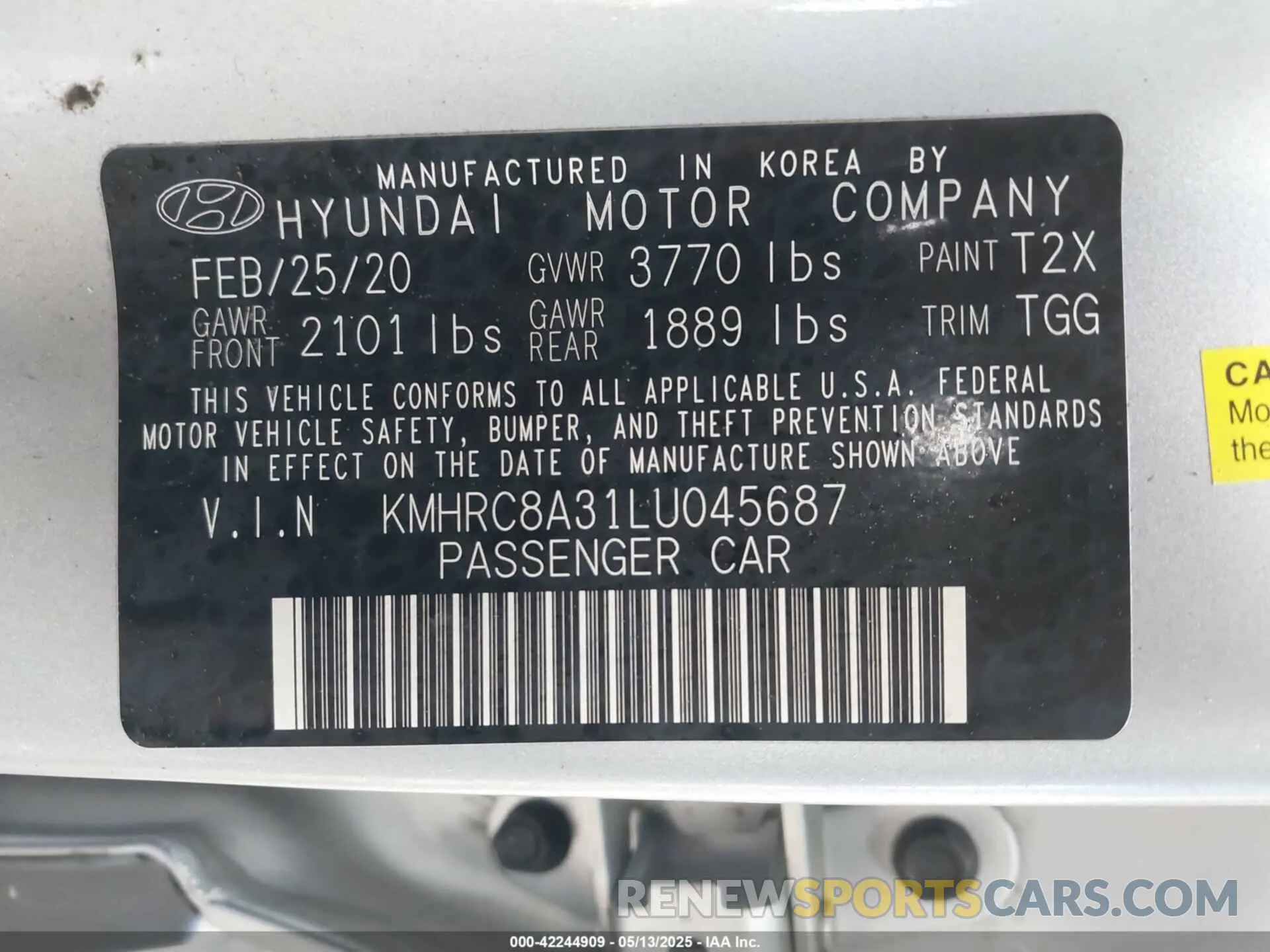 9 fotografías del automóvil dañado KMHRC8A31LU045687 HYUNDAI VENUE 2020